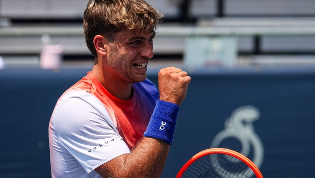 WASHINGTON, DC - AUGUST 01: Flavio Cobolli celebrates during the match against Alejandro Davidovich Fokina during day 6 of the Mubadala Citi DC Open 2024 at William H.G. FitzGerald Tennis Center on August 1, 2024 in Washington, DC.   Scott Taetsch/Getty Images/AFP (Photo by Scott Taetsch / GETTY IMAGES NORTH AMERICA / Getty Images via AFP)