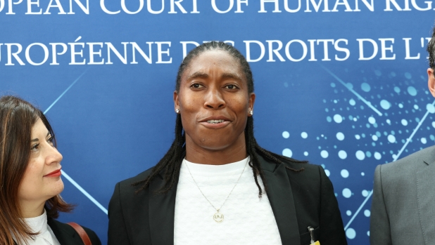 South Africas double Olympic champion Caster Semenya speaks to the press as she leaves the European Court of Human Rights (ECHR) after a hearing in Strasbourg, eastern France, on May 15, 2024. Caster Semenya's costly legal marathon enters its last lap as the highest chamber of the European Court of Human Rights (ECHR) begins a hearing into whether the double Olympic champion can be required to lower her testosterone levels to compete. (Photo by Frederick FLORIN / AFP)