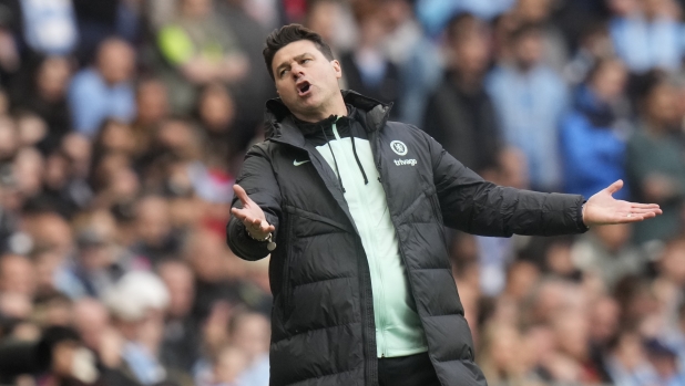 FILE - Chelsea's head coach Mauricio Pochettino reacts during the English FA Cup semifinal soccer match between Manchester City and Chelsea at Wembley stadium in London, Saturday, April 20, 2024. (AP Photo/Alastair Grant, File)