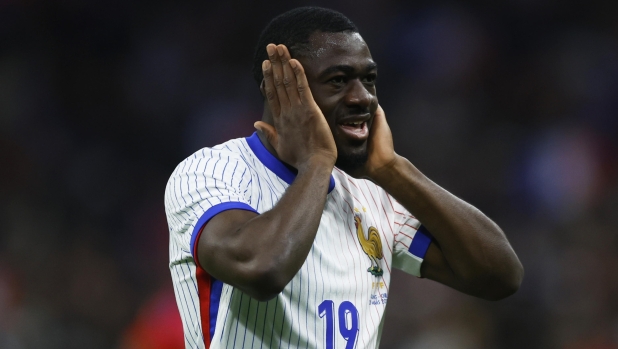 epa11245438 France's Youssouf Fofana celebrates after scoring the 1-1 goal during the friendly international soccer match between Slovenia and Portugal in Ljubljana, Slovenia, 26 March 2024.  EPA/ANTONIO BAT