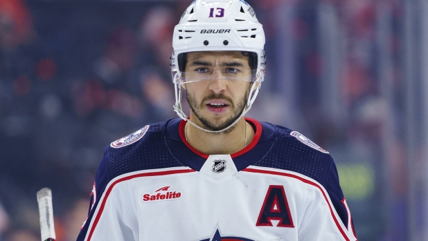 FILE - Columbus Blue Jackets' Johnny Gaudreau looks on during an NHL hockey game against the Philadelphia Flyers, Tuesday, April 11, 2023, in Philadelphia.  (AP Photo/Chris Szagola, File)