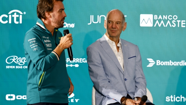 SILVERSTONE, ENGLAND - SEPTEMBER 10: Fernando Alonso, Aston Martin F1 Team, and Adrian Newey at a press conference at Aston Martin Headquarters on September 10, 2024 in Silverstone, England. (Photo by Andrew Ferraro/Getty Images for Aston Martin)