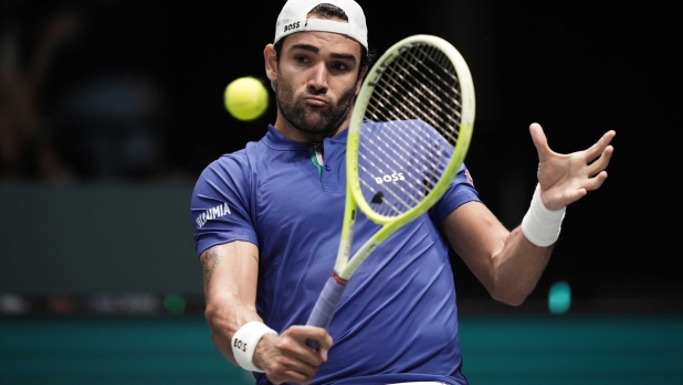 Matteo Berrettini in action during 2024 Davis Cup Finals Group A match between Matteo Berrettini (ITA) and Joao Fonseca (BRA) at the Unipol Arena, Bologna, Italy -  September 11,  2024. Sport - Tennis. (Photo by Massimo Paolone/LaPresse)