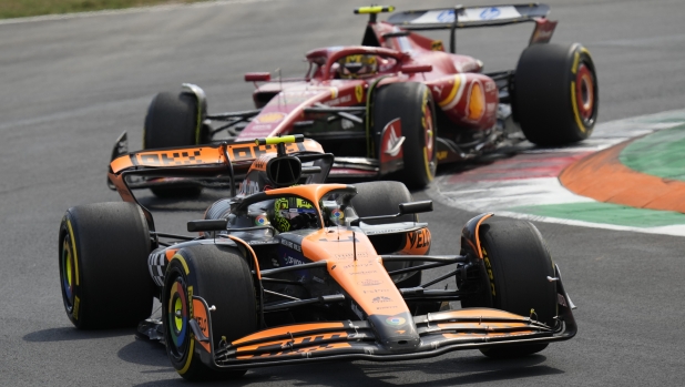 McLaren driver Lando Norris of Britain steers his car during the Formula One Italian Grand Prix race at the Monza racetrack, in Monza, Italy, Sunday, Sept. 1, 2024. (AP Photo/Luca Bruno)