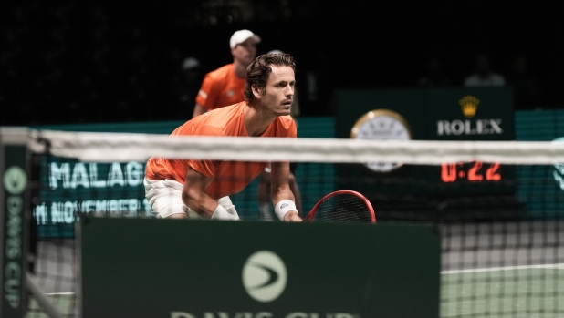 Wesley Koolhof looks on during 2024 Davis Cup Finals Group A match between Wesley Koolhof/Botic van de Zandschulp (Netherlands) and Rafael Matos/Marcelo Melo (Brazil) at the Unipol Arena, Bologna, Italy -  September 12,  2024. Sport - Tennis. (Photo by Massimo Paolone/LaPresse)