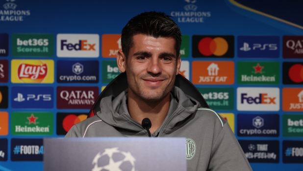 CAIRATE, ITALY - SEPTEMBER 16: Alvaro Morata of AC Milan speaks with the media during press conference at Milanello on September 16, 2024 in Cairate, Italy. (Photo by Claudio Villa/AC Milan via Getty Images)