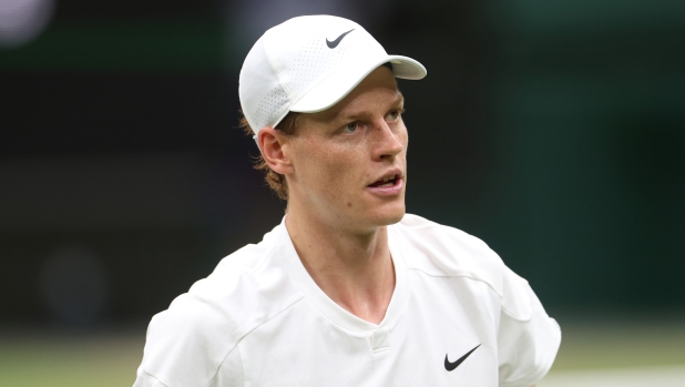 LONDON, ENGLAND - JULY 09: Jannik Sinner of Italy looks on as he plays against Daniil Medvedev in the Gentlemen's Singles Quarter Final match during day nine of The Championships Wimbledon 2024 at All England Lawn Tennis and Croquet Club on July 09, 2024 in London, England. (Photo by Sean M. Haffey/Getty Images)