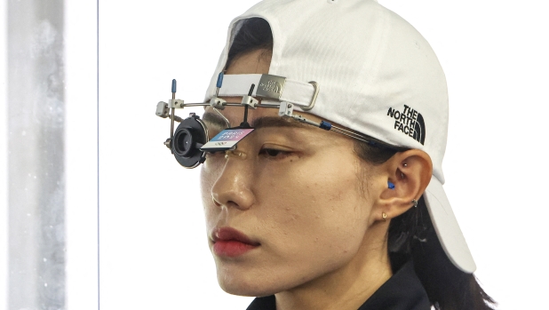 South Korea's Kim Yeji prepares to compete during the 25 M pistol women qualification during the Paris 2024 Olympic Games at Chateauroux Shooting Centre on August 2, 2024. (Photo by ALAIN JOCARD / AFP)