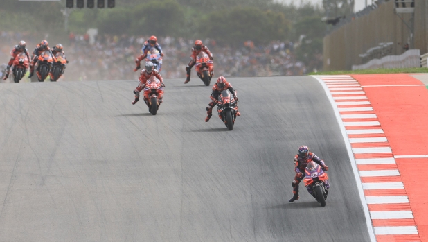 Ducati Spanish rider Jorge Martin rides ahead during the MotoGP race of the Portuguese Grand Prix at the Algarve International Circuit in Portimao on March 24, 2024. (Photo by PATRICIA DE MELO MOREIRA / AFP)