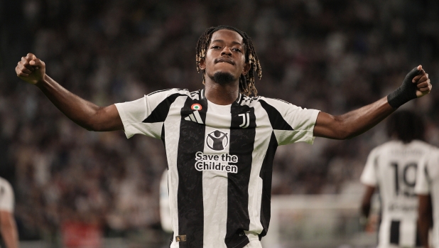 Juventus’ Samuel Mbangula celebrates during the Serie A soccer match between Juventus and Como at the Allianz Stadium in Turin, north west Italy - Monday, August 19, 2024. Sport - Soccer . (Photo by Marco Alpozzi/Lapresse)