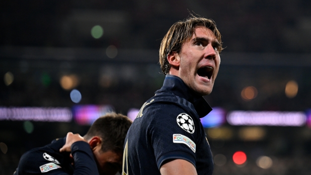 LEIPZIG, GERMANY - OCTOBER 2: Dusan Vlahovic of Juventus celebrates 1-1 goal during the UEFA Champions League 2024/25 League Phase MD2 match between RB Leipzig and Juventus at Leipzig Stadium on October 2, 2024 in Leipzig, Germany. (Photo by Daniele Badolato - Juventus FC/Juventus FC via Getty Images)