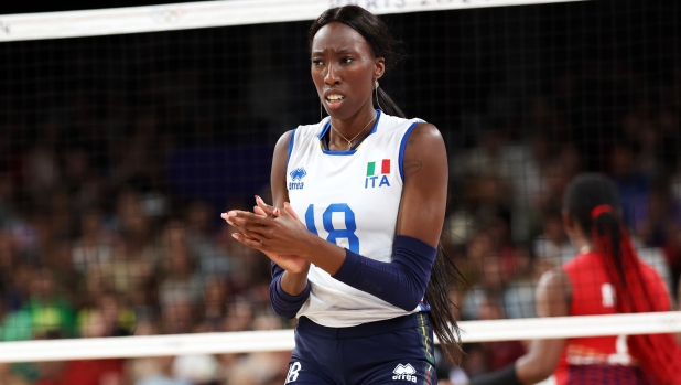 PARIS, FRANCE - JULY 28: Paola Ogechi Egonu #18 of Team Italy reacts during the Women's Preliminary Round - Pool C match between Team Italy and Team Dominican Republic on day two of the Olympic Games Paris 2024 at Paris Arena on July 28, 2024 in Paris, France. (Photo by Kevin C. Cox/Getty Images)