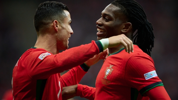 WARSAW, POLAND - OCTOBER 12: Cristiano Ronaldo reacts after scoring his team second goal during the UEFA Nations League 2024/25 League A Group A1 match between Poland and Portugal at PGE Narodowy on October 12, 2024 in Warsaw, Poland. (Photo by Rafal Oleksiewicz/Getty Images)