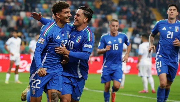 italian's giovanni di lorenzo celebrates after scoring the 2-0 goal for his team during the Nations league soccer match between Italia and Israele at the Bluenergy Stadium in Udine, north east Italy - Monday, October 14,2024 sport - soccer (Photo by Andrea Bressanutti/Lapresse)