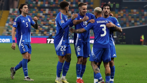 italian's davide frattesi celebrates after scoring the 3-1 goal for his team during the Nations league soccer match between Italia and Israele at the Bluenergy Stadium in Udine, north east Italy - Monday, October 14,2024 sport - soccer (Photo by Andrea Bressanutti/Lapresse)