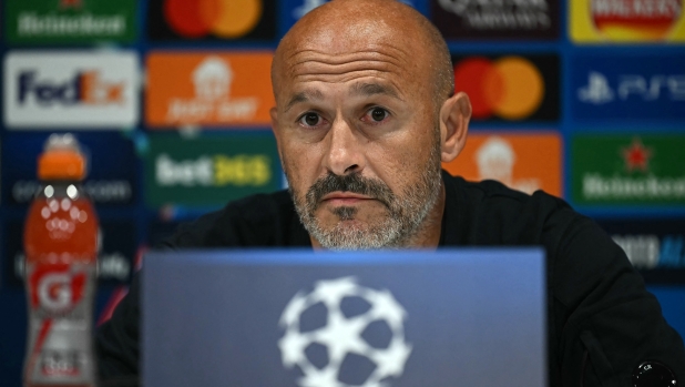 Bologna's Italian coach Vincenzo Italiano attends during a press conference on the eve of their UEFA Champions League 1st round day 2 football match against Liverpool, at Anfield in Liverpool, north west England, on October 1, 2024. (Photo by Paul ELLIS / AFP)