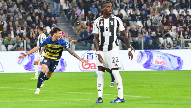 Parma?s Enrico Delprato celebrates after scoring the 0-1 goal for his team during the Serie A soccer match between Juventus and Parma at the Allianz Stadium in Turin, Italy - Wednesday, October 30, 2024. Sport - Soccer . (Photo by Tano Pecoraro/Lapresse)