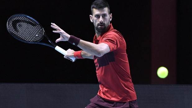 epa11669160 Novak Djokovic of Serbia during his third place match against Rafel Nadal of Spain at the Six Kings Slam exhibition tennis tournament in Riyadh, Saudi Arabia, 19 October 2024.  EPA/STR