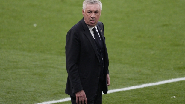 Real Madrid's head coach Carlo Ancelotti reacts during the Champions League final soccer match between Borussia Dortmund and Real Madrid at Wembley stadium in London, Saturday, June 1, 2024. (AP Photo/Dave Shopland)