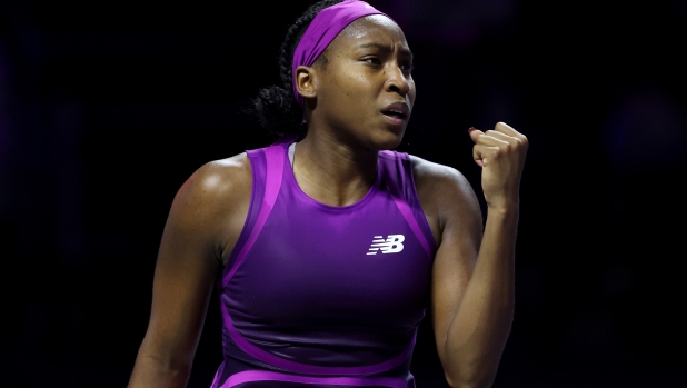 RIYADH, SAUDI ARABIA - NOVEMBER 08: Coco Gauff of the United States celebrates a point against Aryna Sabalenka  in their Women's Semifinal Singles match during Day 7 of the 2024 WTA Finals Riyadh as part of the Hologic WTA Tour at King Saud University Indoor Arena on November 08, 2024 in Riyadh, Saudi Arabia. (Photo by Matthew Stockman/Getty Images for WTA)