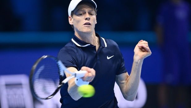 Jannik Sinner of Italy plays his first match against Alex De Minaur of Austria during the match of Nitto Atp Finals in Turin, 10 november 2024 . The ATP men's singles world number 1 is preparing for the ATP Finals that will run from 10-17 November in Turin ANSA/ALESSANDRO DI MARCO