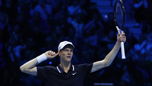 TURIN, ITALY - NOVEMBER 12: Jannik Sinner of Italy reacts against Taylor Fritz of United States in the Men's Singles Ilie Nastase Group Stage match during day three of the Nitto ATP finals 2024 at Inalpi Arena on November 12, 2024 in Turin, Italy. (Photo by Clive Brunskill/Getty Images)