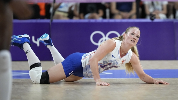 Indy Baijens of the Netherlands reacts during the Group C women's volleyball match between the Netherlands and the Dominican Republic at the 2024 Summer Olympics, Saturday, Aug. 3, 2024, in Paris, France. (AP Photo/Alessandra Tarantino)