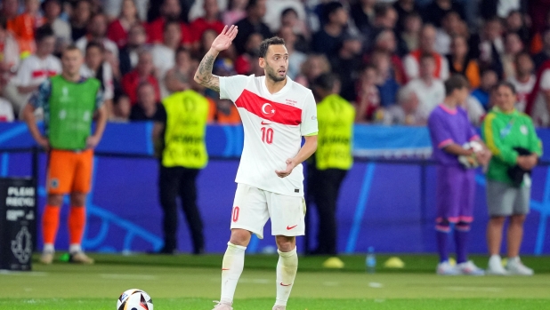 06 July 2024, Berlin: Soccer, UEFA Euro 2024, European Championship, Netherlands - Turkey, final round, quarter-final, Olympiastadion Berlin, Hakan Calhanoglu of Turkey reacts. Photo: Sören Stache/dpa (Photo by SOREN STACHE / DPA / dpa Picture-Alliance via AFP)