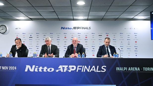 Alberto Cirio president regione Pimeonte, Andrea Abodi Minister of Sport, Angelo Binaghi president FITP and Stefano Lo Russo Mayor of Turin during the closing press conference of Nitto Atp Finals in Turin, Italy, 17 November 2024 ANSA/ALESSANDRO DI MARCO