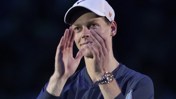 Italy's Jannik Sinner reacts after winning during the semifinal tennis match of the ATP World Tour Finals against Norway's Casper Ruud at the Inalpi Arena in Turin, Italy, Saturday, November 16, 2024. (AP Photo/Antonio Calanni)