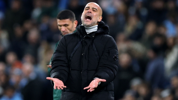 MANCHESTER, ENGLAND - NOVEMBER 26: Pep Guardiola, Manager of Manchester City, reacts during the UEFA Champions League 2024/25 League Phase MD5 match between Manchester City and Feyenoord at City of Manchester Stadium on November 26, 2024 in Manchester, England. (Photo by Carl Recine/Getty Images)