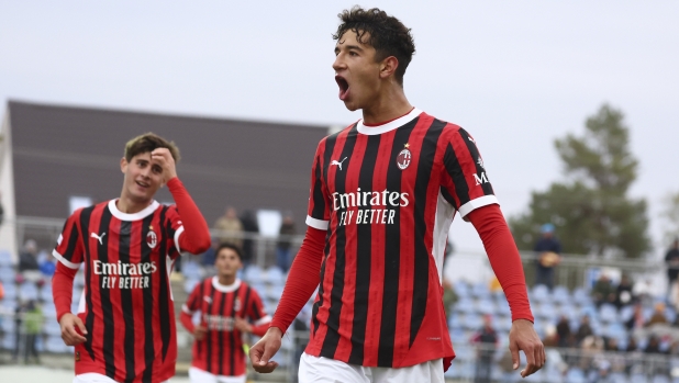 BRATISLAVA, SLOVAKIA - NOVEMBER 26: Adam Bakoune of AC Milan U20 celebrates after scoring the his team's third goal during the UEFA Youth League 2024/25 match between SK Slovan Bratislava and AC Milan at NTC SENEC Stadium on November 26, 2024 in Bratislava, Slovakia. (Photo by Giuseppe Cottini/AC Milan via Getty Images)