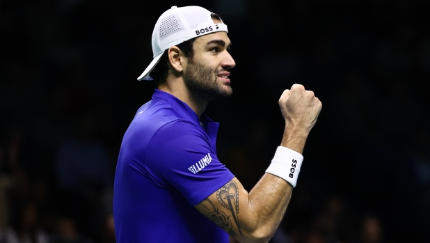 MALAGA, SPAIN - NOVEMBER 24: Matteo Berrettini of Team Italy celebrates after winning a point during the 2024 Davis Cup Final match between Netherlands and Italy at Palacio de Deportes Jose Maria Martin Carpena on November 24, 2024 in Malaga, Spain. (Photo by Matt McNulty/Getty Images for ITF)