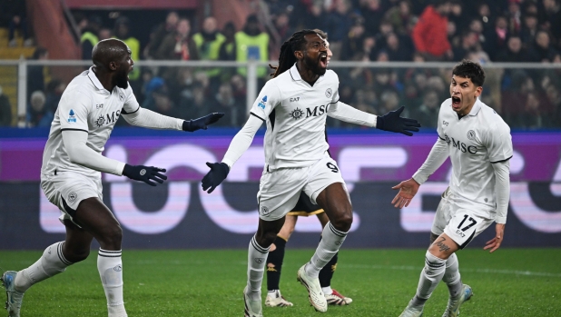 GENOVA, ITALY - DEC 21 2024: SSC Napoli player  Andre Zambo Anguissa celebrating his goal during the Serie A match between Genoa and Napoli at Luigi Ferraris Stadium on December 21, 2024 in Genova, Italy. (Photo by SSC Napoli/Getty Images)