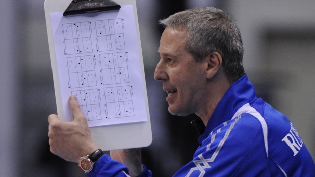 Russia's coach Daniele Bagnoli gestures during the World League 2010 volleyball final match against Brazil at Orfeo Superdomo stadium in Cordoba, Argentina on July 25, 2010.  Brazil won 3-1.   AFP PHOTO / JUAN MABROMATA