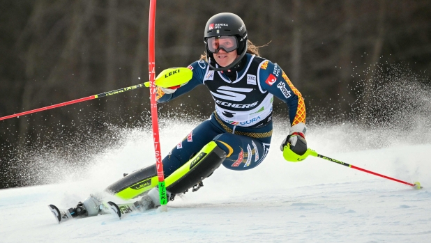 Croatia's Zrinka Ljutic competes in the first run of the Women's Slalom event as part of the FIS Alpine ski world Cup 2024-2025 in Kranjska Gora, Slovenia, on January 5, 2025. (Photo by Jure Makovec / AFP)