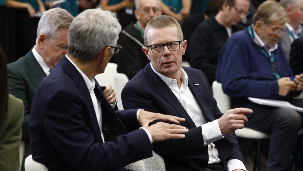 SILVERSTONE, ENGLAND - SEPTEMBER 10: Mike Krack, Team Principal, Aston Martin F1 Team & Andy Cowell at a press conference at Aston Martin Headquarters on September 10, 2024 in Silverstone, England. (Photo by Zak Mauger/Getty Images for Aston Martin)