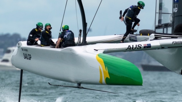 Chris Draper, wing trimmer of Australia SailGP Team, makes a manoeuvre across the F50 catamaran on Race Day 2 of The Rolex SailGP 2025 Championship ITM New Zealand Sail Grand Prix in Auckland, New Zealand. Sunday 19 January 2025. Photo: Felix Diemer for SailGP. Handout image supplied by SailGP