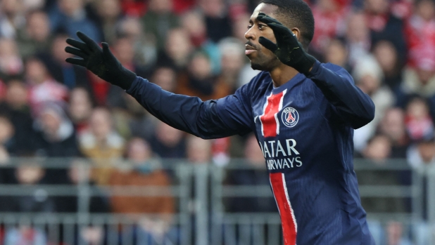 Paris Saint-Germain's French forward #10 Ousmane Dembele celebrates after scoring a goal during the French L1 football match between Stade Brestois 29 (Brest) and Paris Saint-Germain (PSG) at Stade Francis-Le Ble in Brest, western France, on February 1, 2025. (Photo by Fred TANNEAU / AFP)