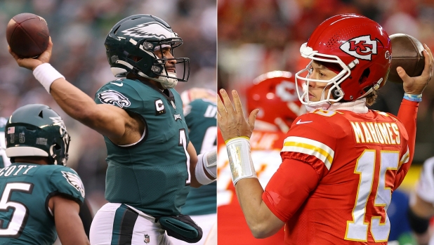 (COMBO) This combination of pictures created on February 2, 2023 shows (L)
Jalen Hurts #1 of the Philadelphia Eagles on January 29, 2023 in Philadelphia, Pennsylvania and (R) Patrick Mahomes #15 of the Kansas City Chiefs at Arrowhead Stadium on January 29, 2023 in Kansas City, Missouri.. When Patrick Mahomes and Jalen Hurts face off in next week's Super Bowl it will be the first time that two Black quarterbacks have graced the NFL's title game and the significance is resonating for both players.
For years Black quarterbacks faced questions from the game's establishment about their ability to lead teams and doubts about their suitability for the most important position in the game. (Photo by Tim Nwachukwu and Kevin C. Cox / GETTY IMAGES NORTH AMERICA / AFP)