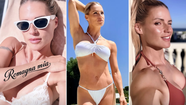Michelle Hunziker regina della Riviera in bikini rosso. E Giulio Berruti dov'è?
