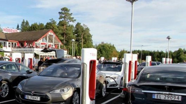 un Tesla Supercharge in Norvegia, dove il costruttore Californiano nel 2019 ha aumentato le vendite dei 118%