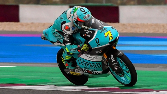 epa09801193 Italian Moto3 rider Dennis Foggia of the Leopard Racing team in action during a free practice session for the Motorcycling Grand Prix of Qatar at the Losail International Circuit in Doha, Qatar, 04 March 2022. The 2022 MotoGP World Championship season's first race will be held at Losail International Circuit on 06 March.  EPA/NOUSHAD THEKKAYIL
