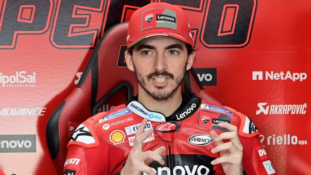 Ducati Italian rider Francesco Bagnaia gestures during the first practice session of the MotoGP Spanish Grand Prix at the Jerez racetrack in Jerez de la Frontera on April 29, 2022. (Photo by JAVIER SORIANO / AFP)