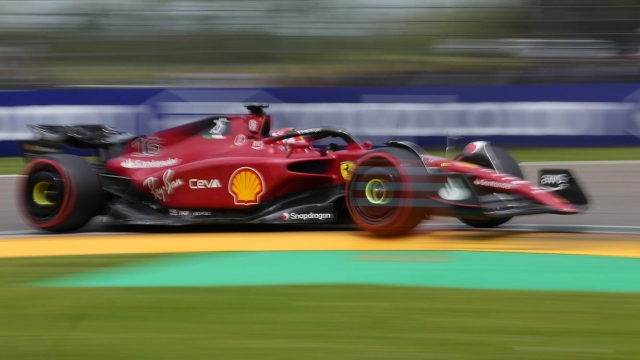 Ferrari driver Charles Leclerc of Monaco steers his car during the second free practice for Sunday's Emilia Romagna Formula One Grand Prix, at the Enzo and Dino Ferrari racetrack, in Imola, Italy, Saturday, April 23, 2022. (AP Photo/Luca Bruno)
