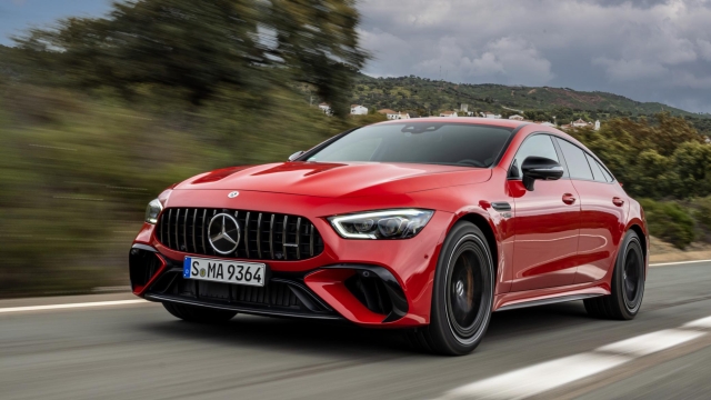 Mercedes-AMG GT 63 S E PERFORMANCE; Jupiter red; Exclusive nappa leather / DINAMICA microfibre black //Fuel consumption weighted, combined: 7.9 l/100 km; weighted, combined CO2 emissions: 180 g/km; Power consumption weighted, combined: 12.0 kWh/100 km[1];Fuel consumption weighted, combined: 7.9 l/100 km; weighted, combined CO2 emissions: 180 g/km; Power consumption weighted, combined: 12.0 kWh/100 km*