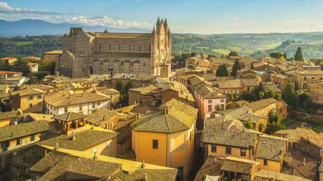 Orvieto medieval town and Duomo cathedral church landmark panoramic aerial view. Umbria, Italy, Europe.