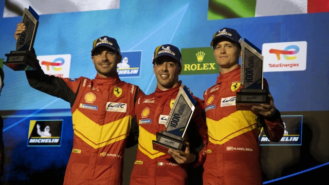 L'equipaggio Ferrari sul podio di Siebring. Da sinistra Miguel Molina, Antonio Fuoco e Nicklas Nielsen