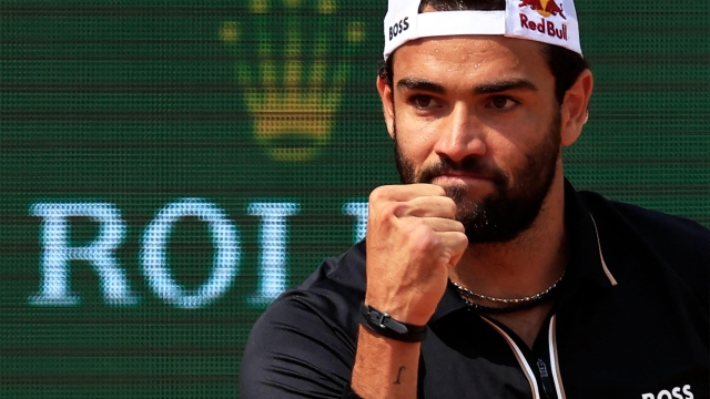 Italy's Matteo Berrettini gestures as he reacts during his Monte-Carlo ATP Masters Series tournament round of 64 tennis match against US' Maxime Cressy in Monaco on April 10, 2023. (Photo by Valery HACHE / AFP)