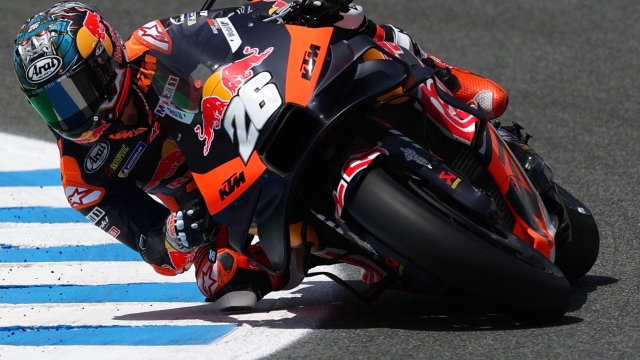 KTM Spanish rider Dani Pedrosa rides during the second practice session of the MotoGP Spanish Grand Prix at the Jerez racetrack in Jerez de la Frontera on April 28, 2023. (Photo by PIERRE-PHILIPPE MARCOU / AFP)